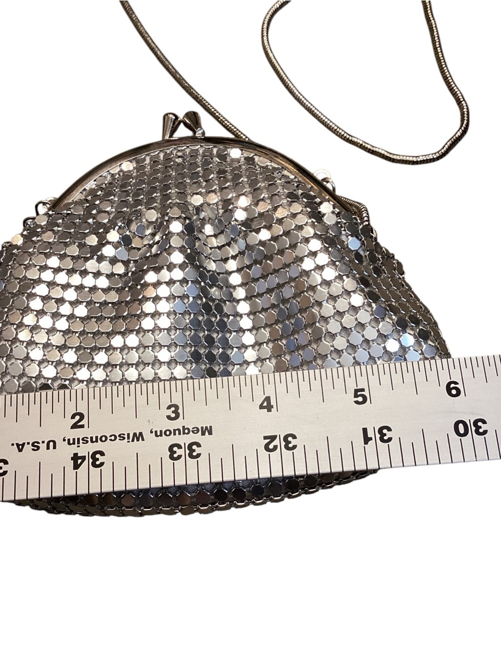 Mark. Silver Metal Mesh Evening Bag Kiss Lock Clutch Chain Strap Y2K Disco Glam - Picture 7 of 10